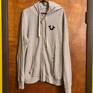 True Religion Men Sweatshirt 2X Gray Hoodie Full Zip Logo Graphic